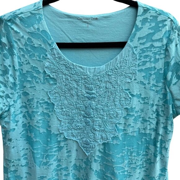 Coldwater Creek Womens Aqua Textured Burnout Sheer Overlay Short Sleeve Blouse L - Picture 9 of 11